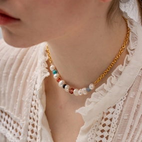 Wholesale Colorful Natural Stone Pearl Beads 18k Gold Stainless Steel Necklaces