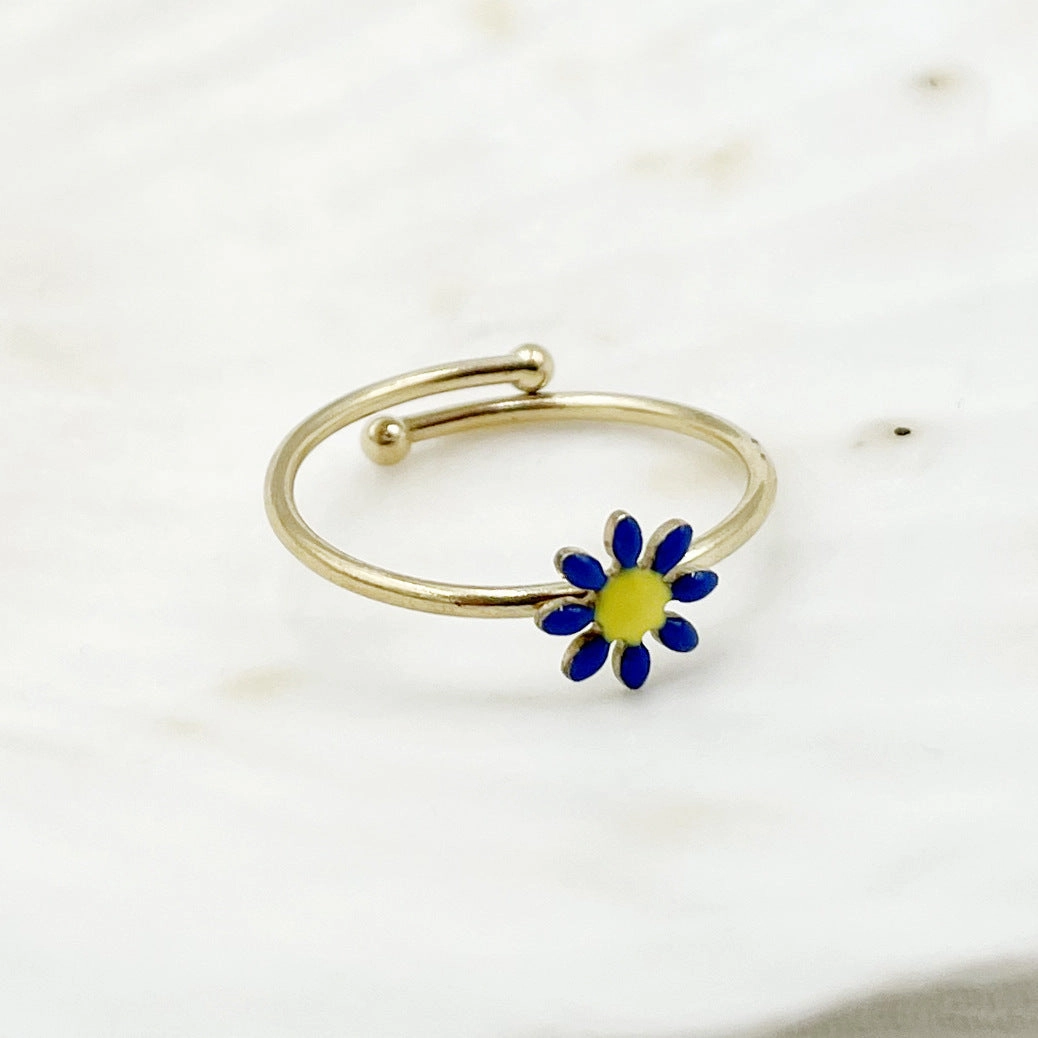 Wholesale Colorful Oil Drip Sunflower Adjustable Titanium Steel Ring