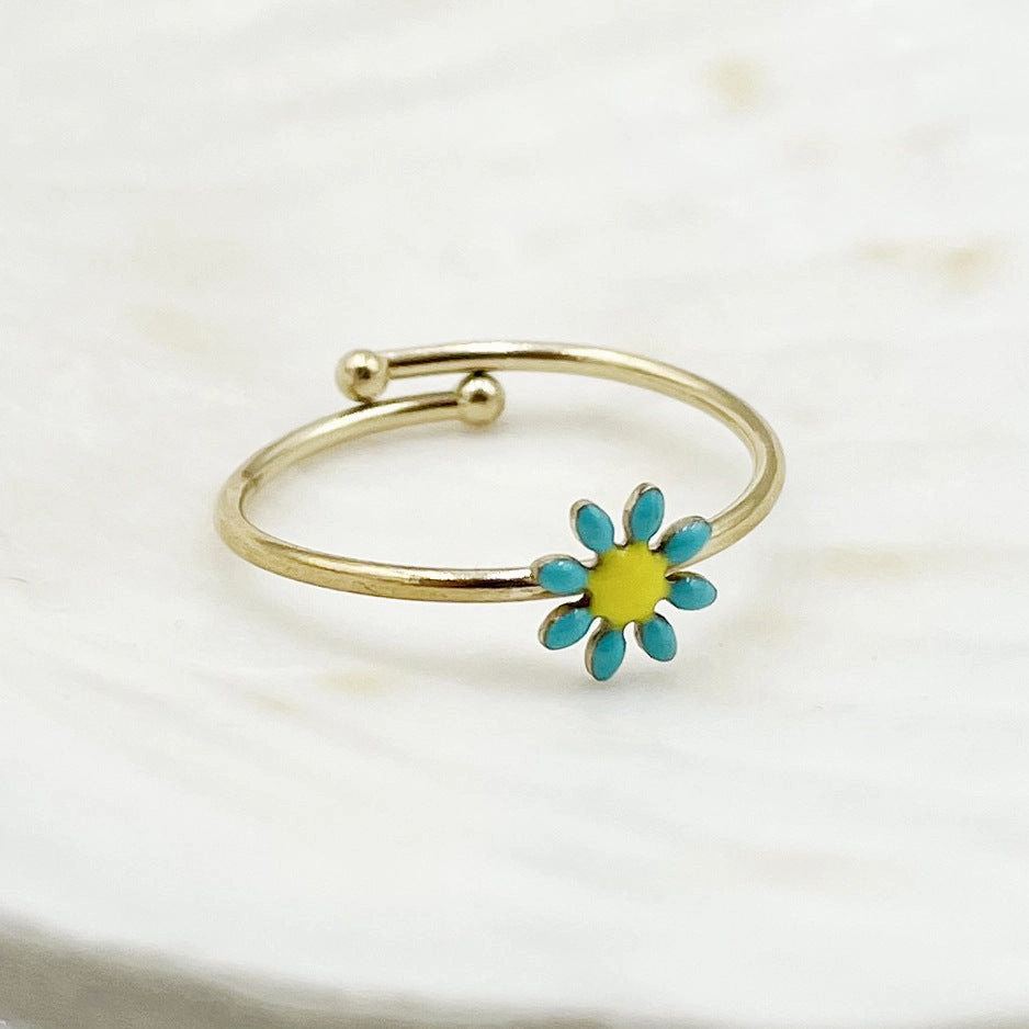 Wholesale Colorful Oil Drip Sunflower Adjustable Titanium Steel Ring