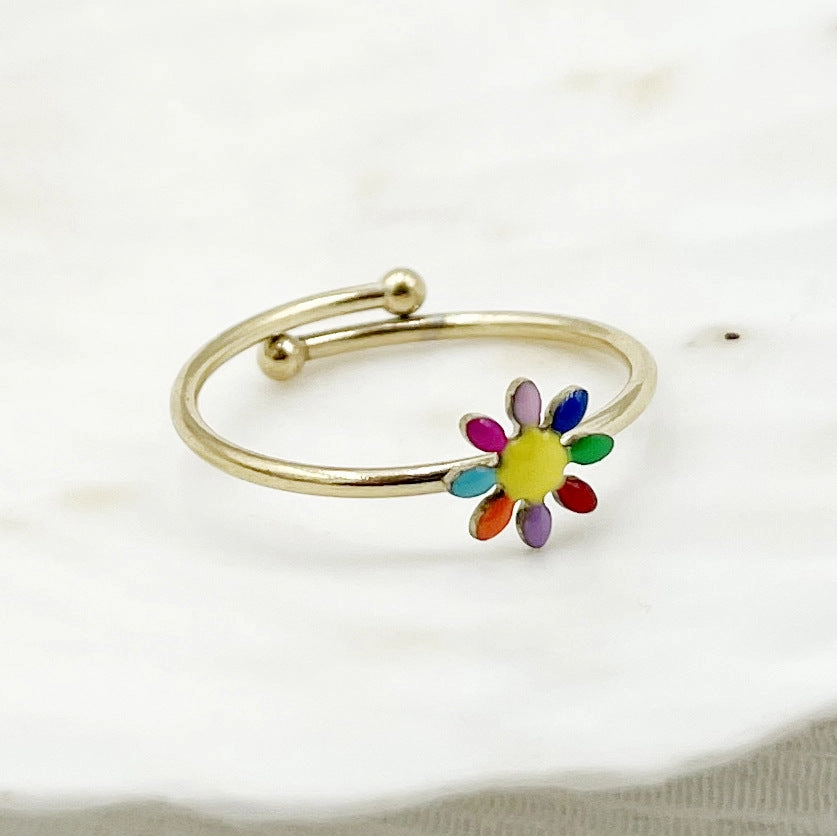 Wholesale Colorful Oil Drip Sunflower Adjustable Titanium Steel Ring