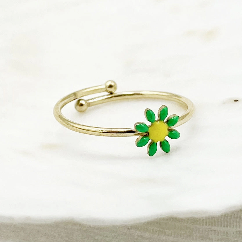 Wholesale Colorful Oil Drip Sunflower Adjustable Titanium Steel Ring