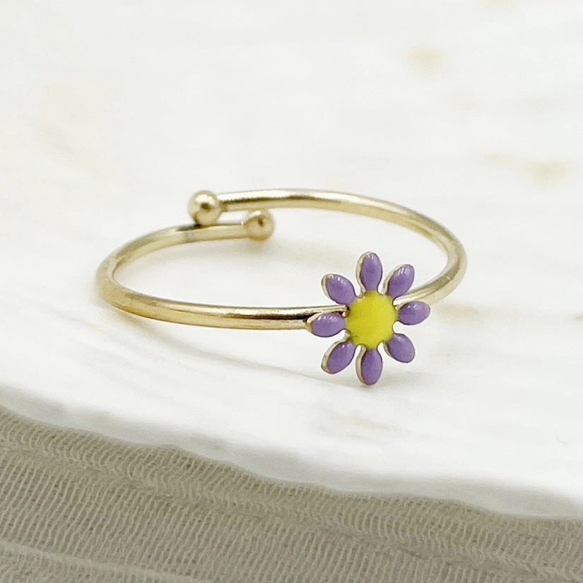 Wholesale Colorful Oil Drip Sunflower Adjustable Titanium Steel Ring