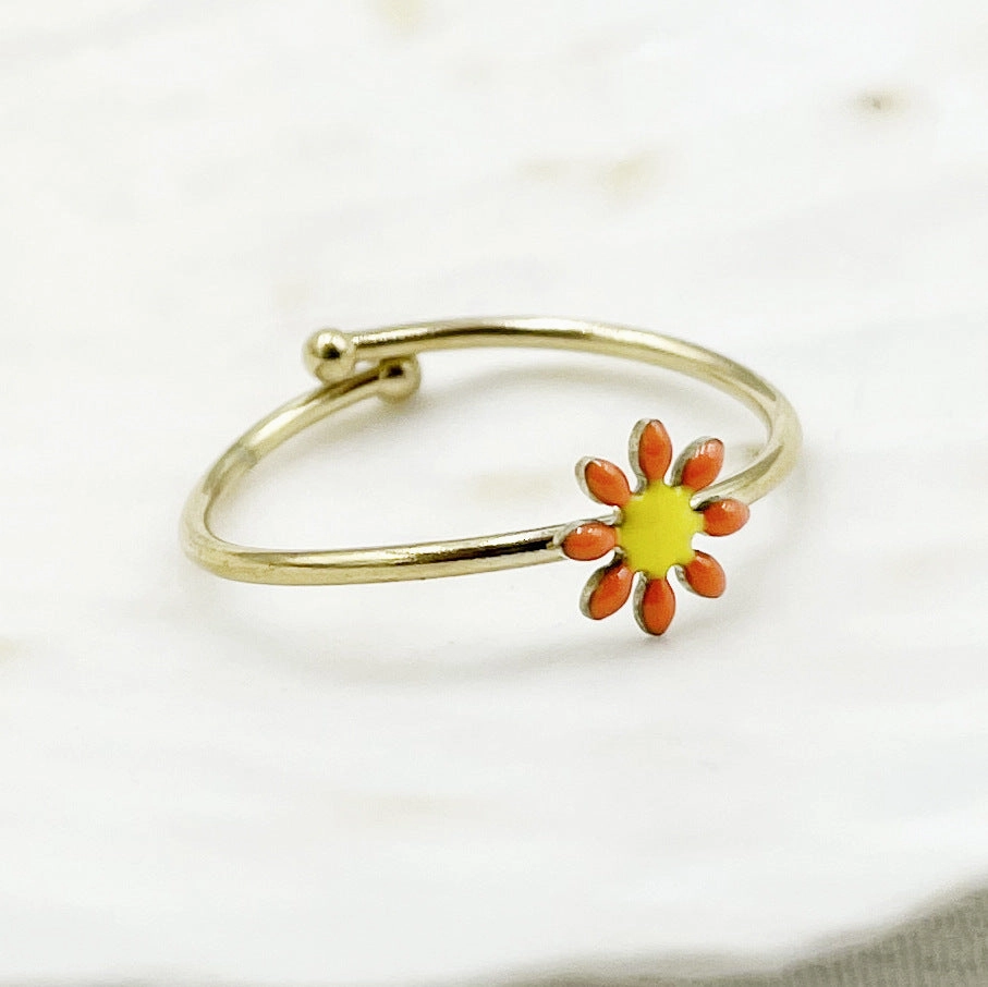 Wholesale Colorful Oil Drip Sunflower Adjustable Titanium Steel Ring