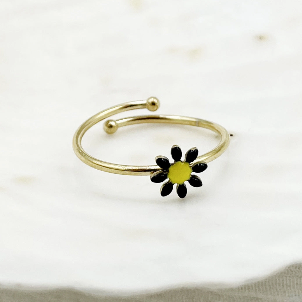 Wholesale Colorful Oil Drip Sunflower Adjustable Titanium Steel Ring