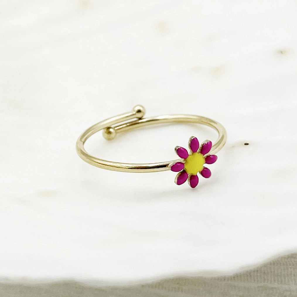 Wholesale Colorful Oil Drip Sunflower Adjustable Titanium Steel Ring