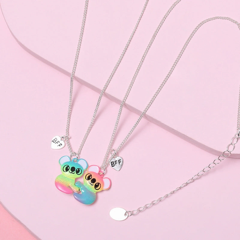 Wholesale Colorful Raccoon BFF Kids Alloy Spray Paint Drops Oil Magnet Pendant Necklaces Set