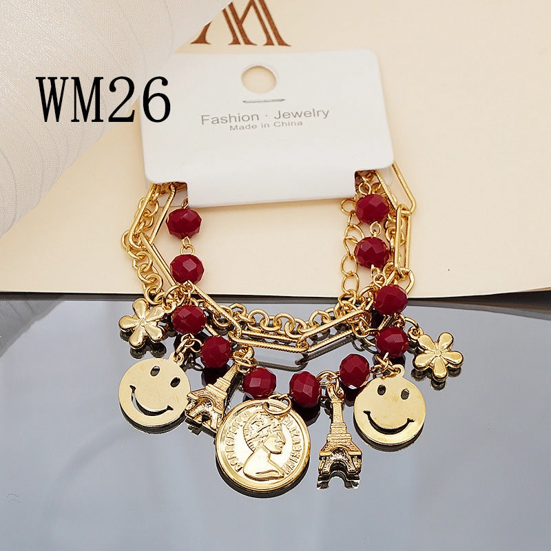 Wholesale Colorful Star Smiley Face Pendant Multilayer Beaded Bracelet