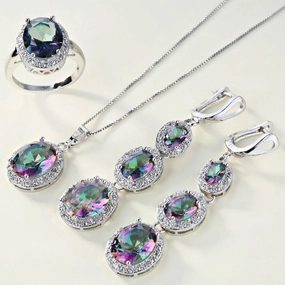 Wholesale Colorful Stone Pendant Metal Necklace Four-piece Set