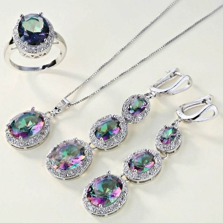 Wholesale Colorful Stone Pendant Metal Necklace Four-piece Set