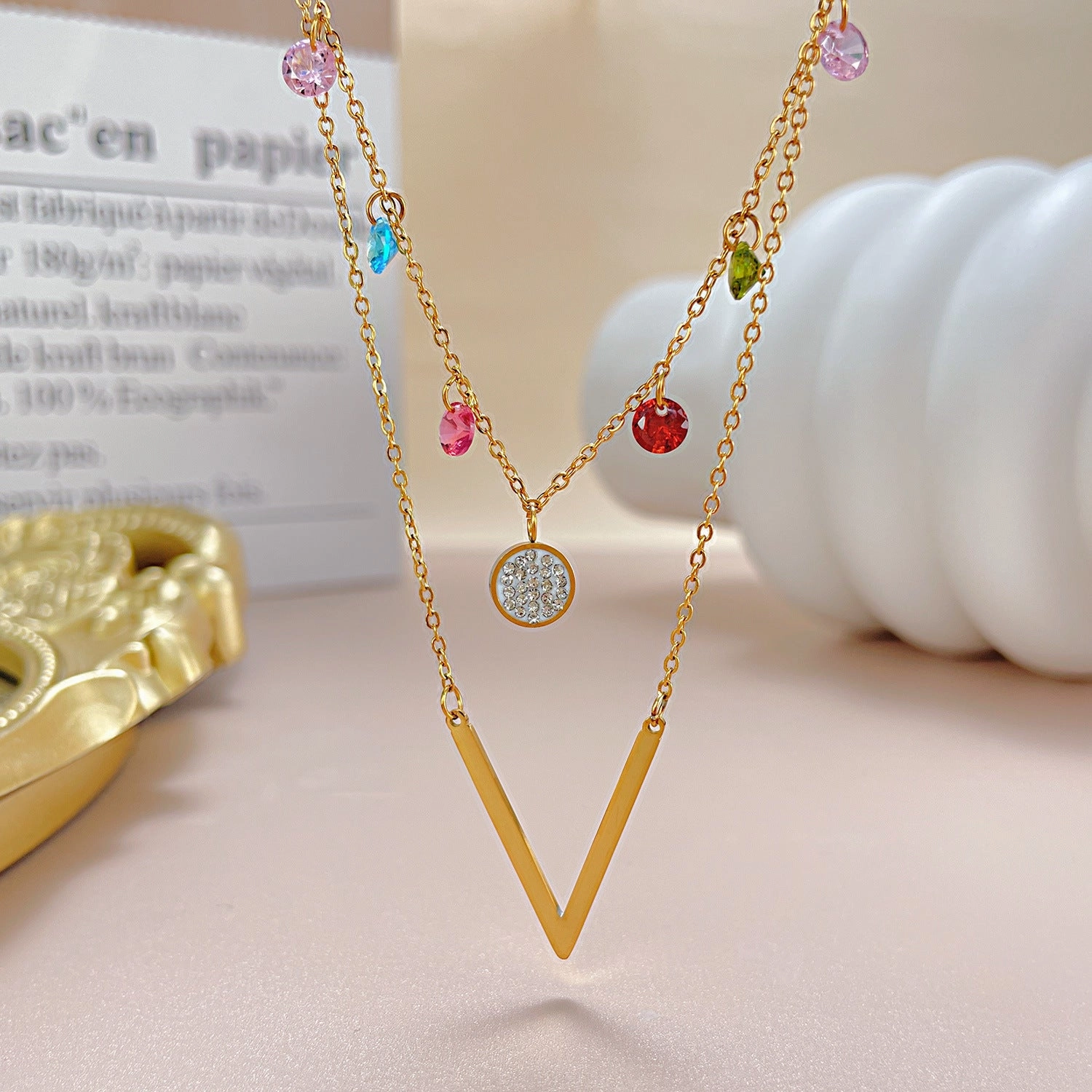 Wholesale Colorful Zircon Double Layer Titanium Steel Necklace
