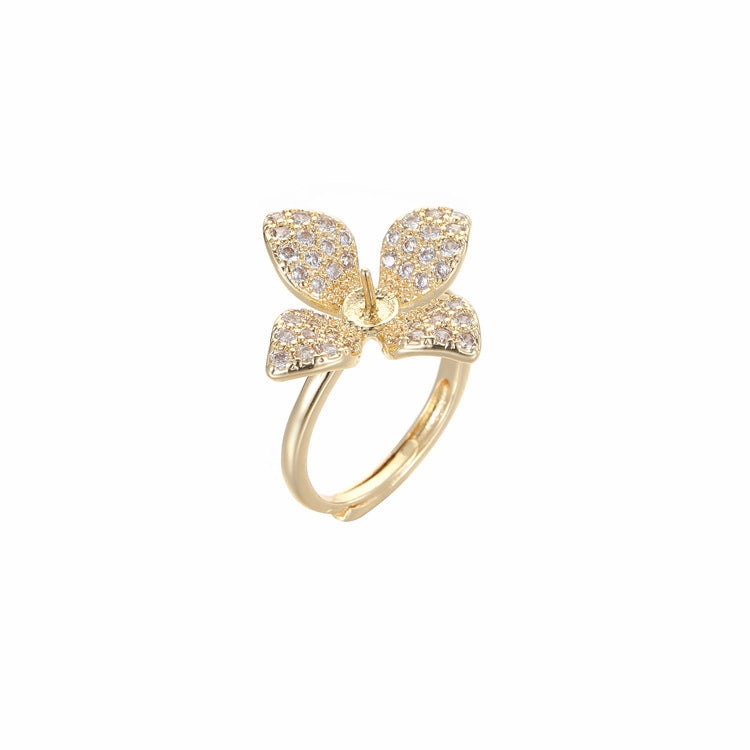Wholesale Copper 14K Gold Packed Zircon Four Petal Flower Pearl Ring Set