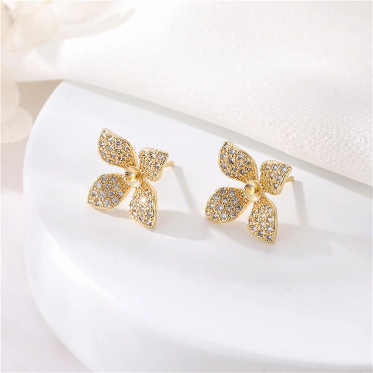 Wholesale Copper 14K Gold Packed Zircon Four Petal Flower Pearl Ring Set