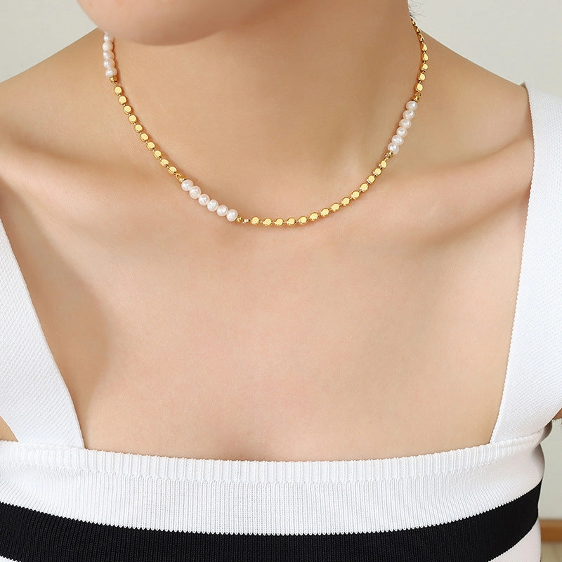 Wholesale Copper 18k Gold Freshwater Pearl Lentil Splicing Necklace