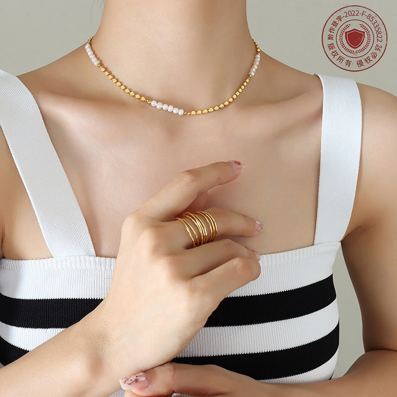 Wholesale Copper 18k Gold Freshwater Pearl Lentil Splicing Necklace