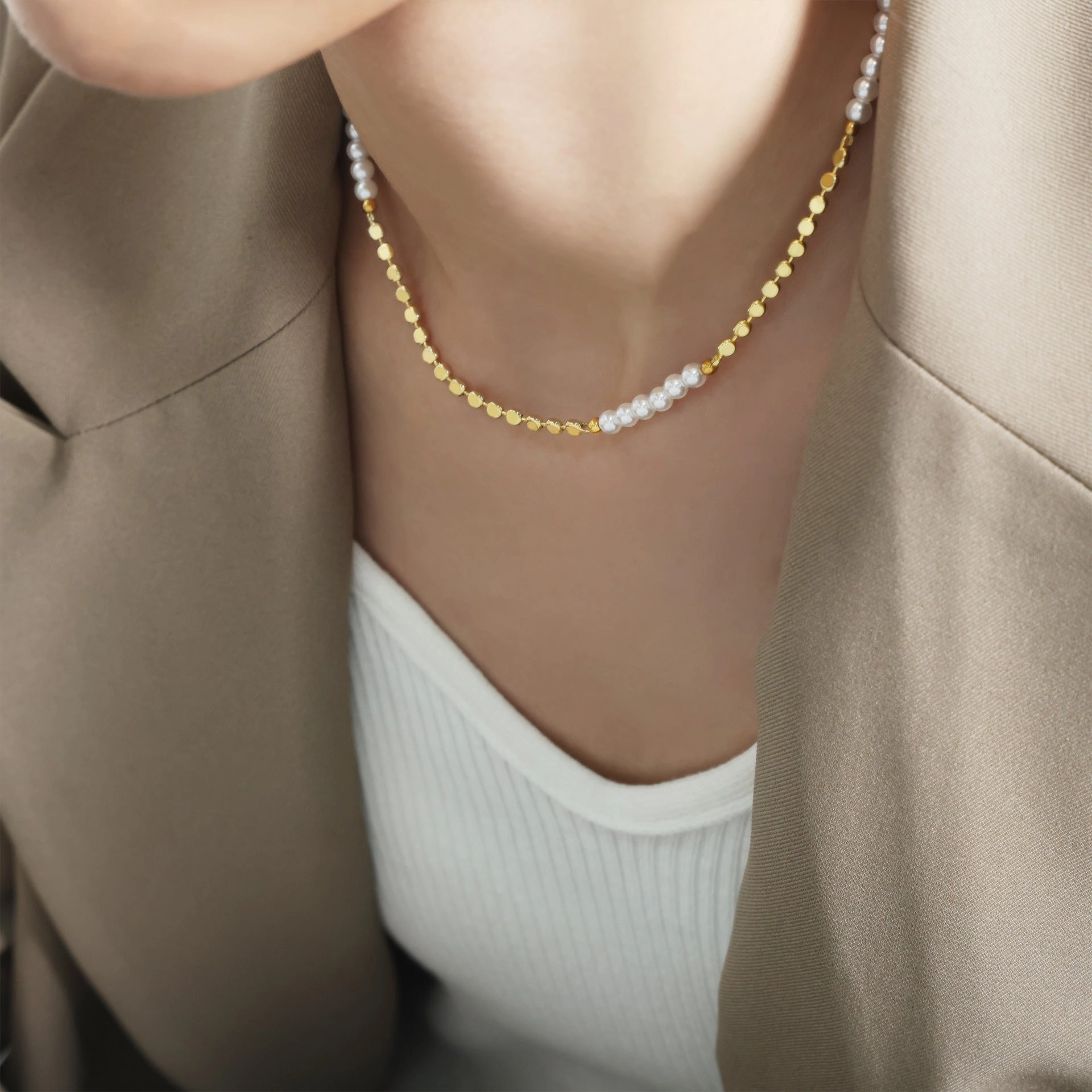 Wholesale Copper 18k Gold Freshwater Pearl Lentil Splicing Necklace
