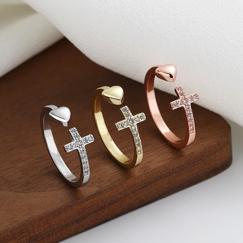 Wholesale Copper Diamond Cross Heart Open Ring
