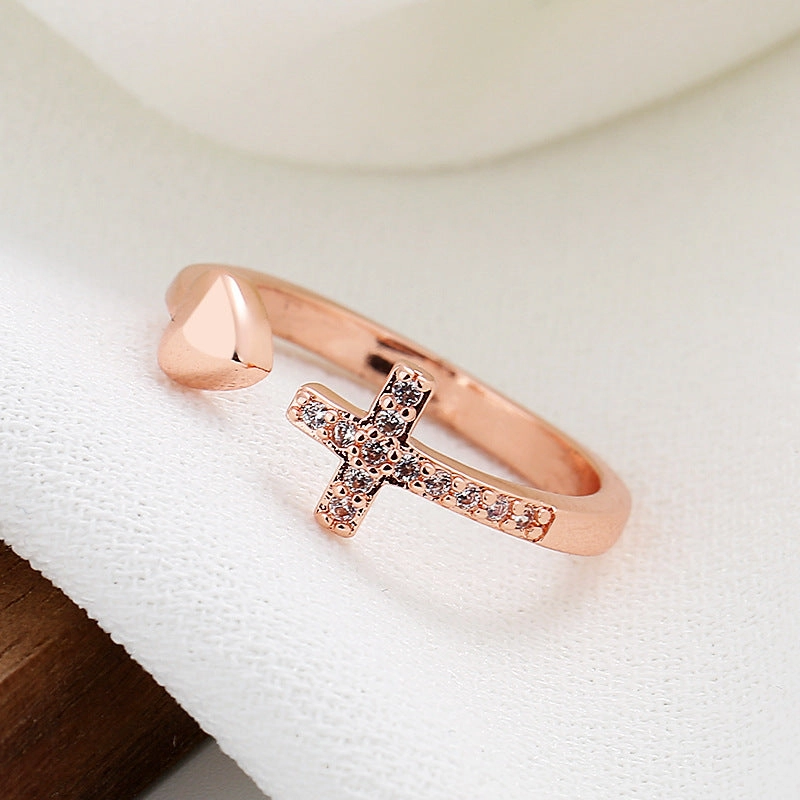 Wholesale Copper Diamond Cross Heart Open Ring