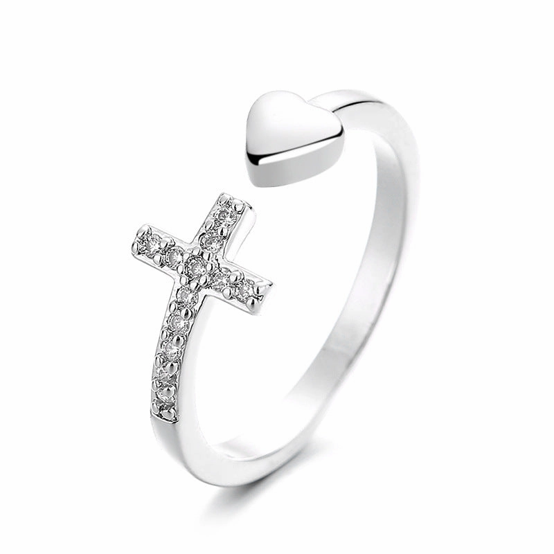 Wholesale Copper Diamond Cross Heart Open Ring