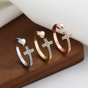 Wholesale Copper Diamond Cross Heart Open Ring