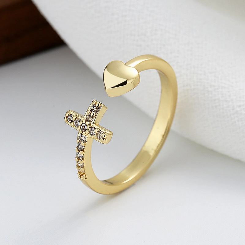 Wholesale Copper Diamond Cross Heart Open Ring