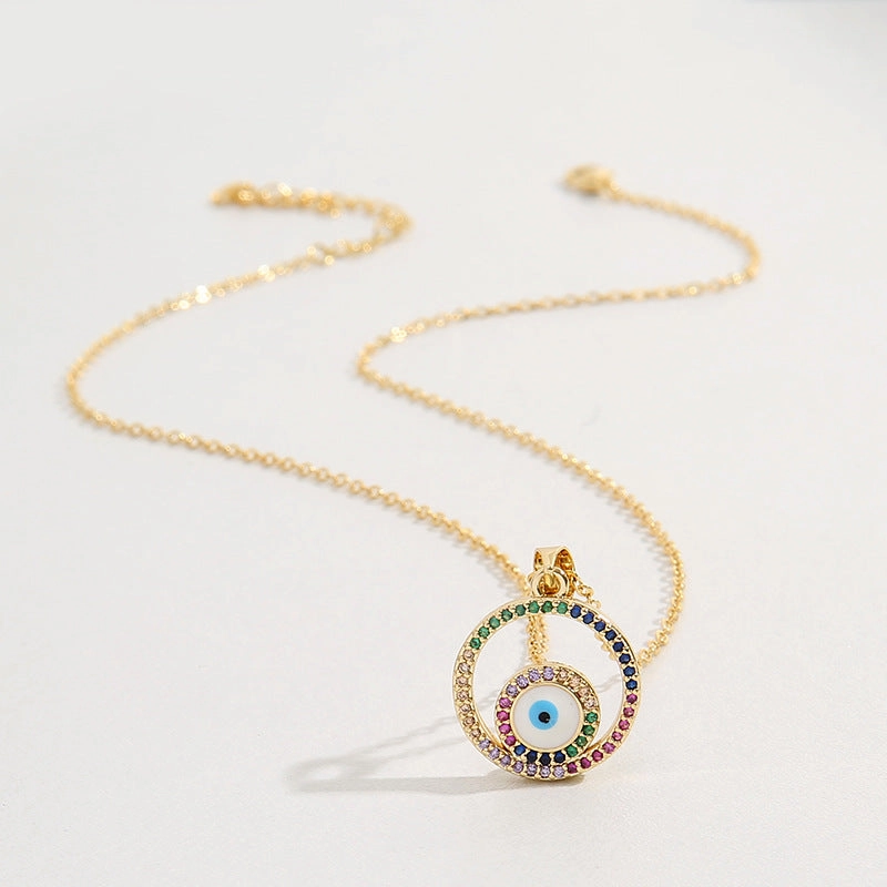 Wholesale Copper Micro Inlaid Colorful Zirconium Round Devil Eye Oil Drip Necklaces