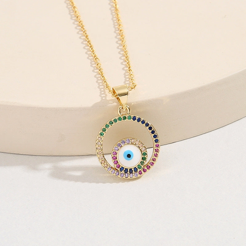Wholesale Copper Micro Inlaid Colorful Zirconium Round Devil Eye Oil Drip Necklaces