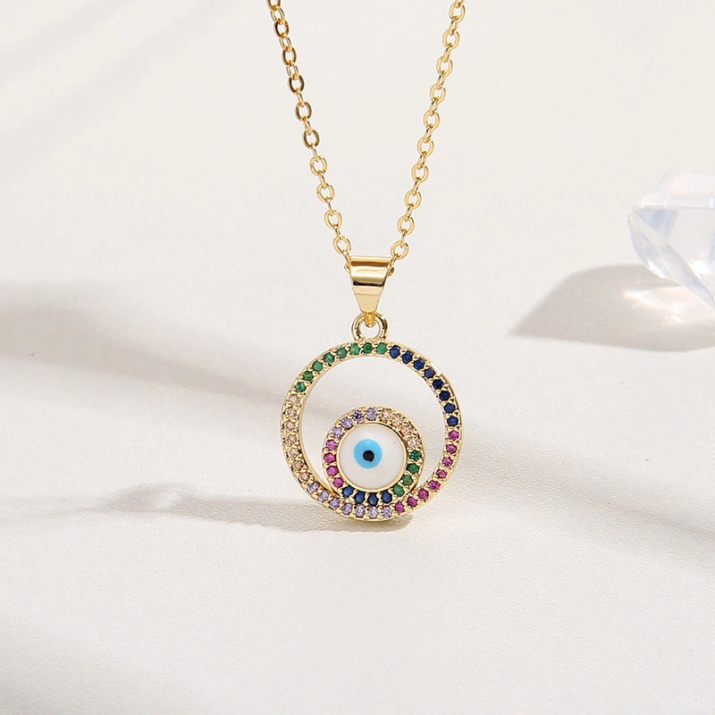 Wholesale Copper Micro Inlaid Colorful Zirconium Round Devil Eye Oil Drip Necklaces