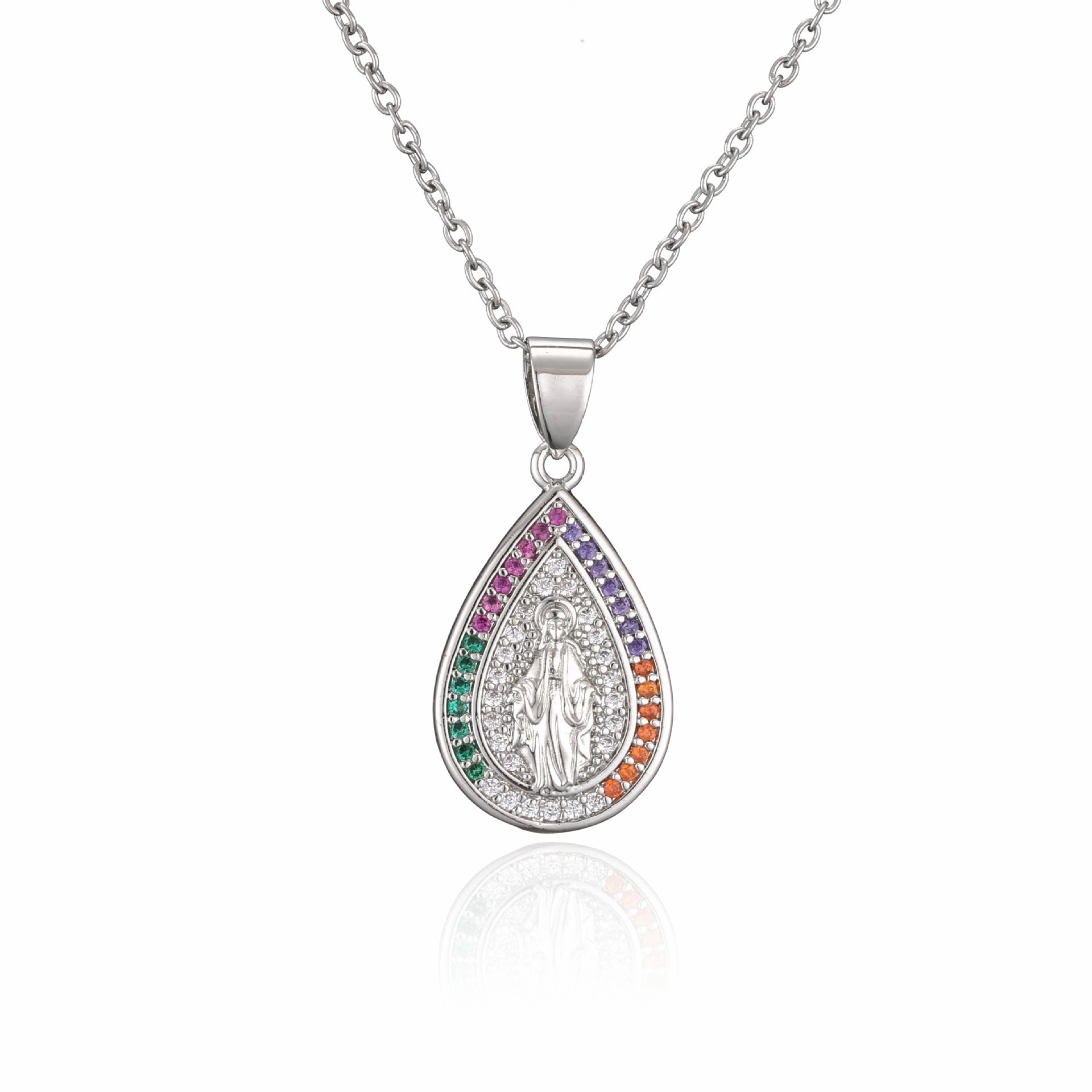 Wholesale Copper Micro-paved Colored Diamond Drop Shaped Virgin Mary Necklace