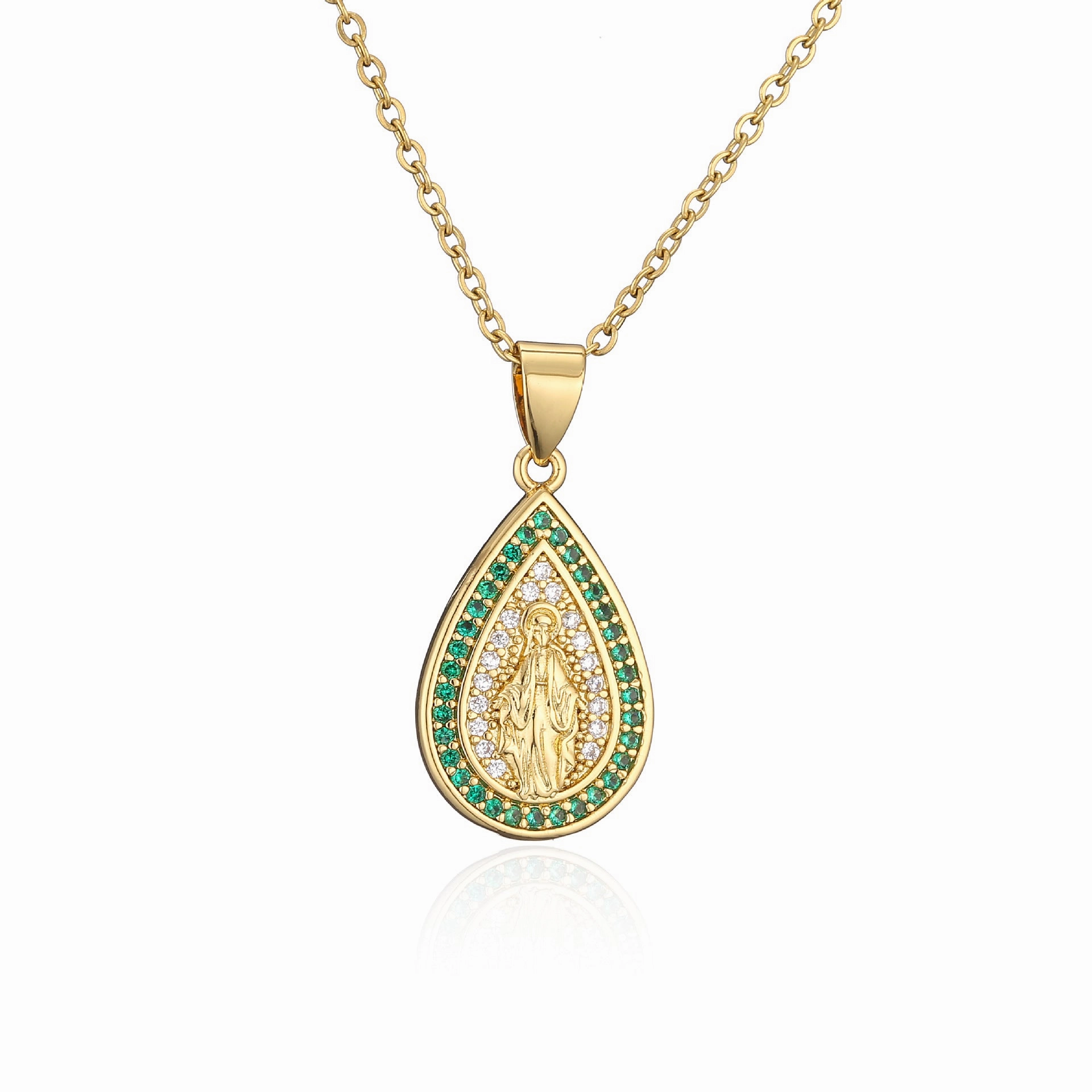 Wholesale Copper Micro-paved Colored Diamond Drop Shaped Virgin Mary Necklace