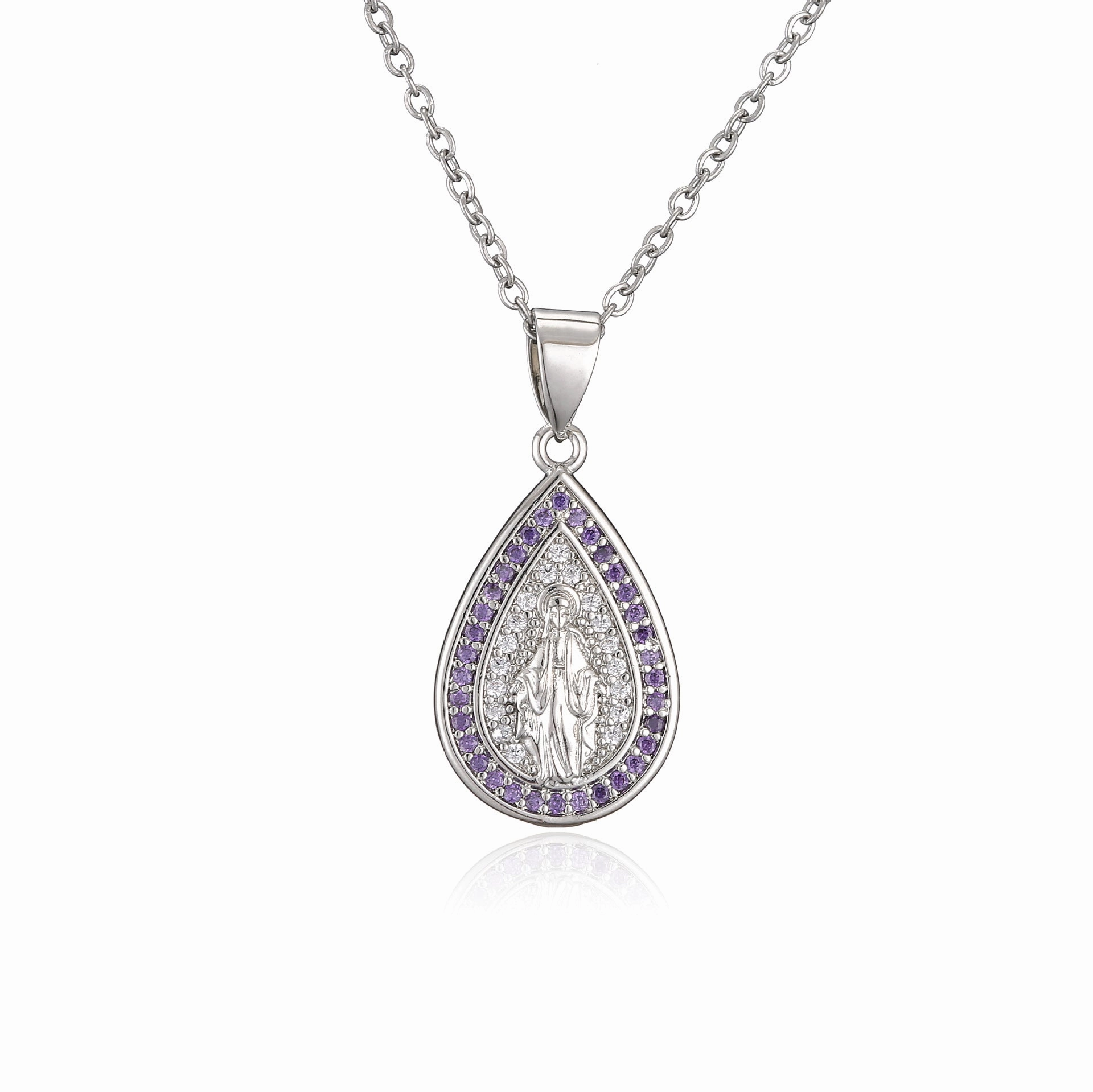 Wholesale Copper Micro-paved Colored Diamond Drop Shaped Virgin Mary Necklace