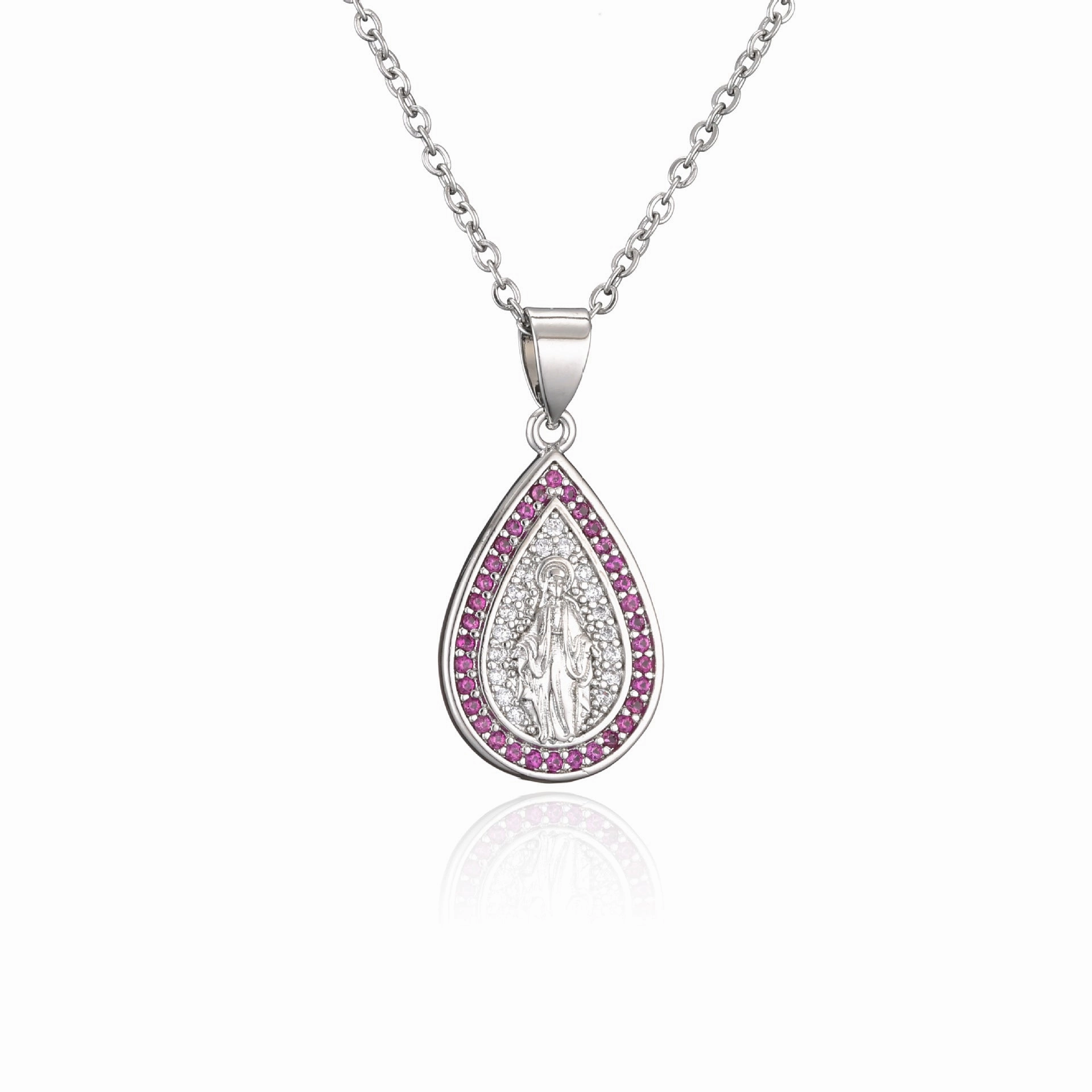 Wholesale Copper Micro-paved Colored Diamond Drop Shaped Virgin Mary Necklace