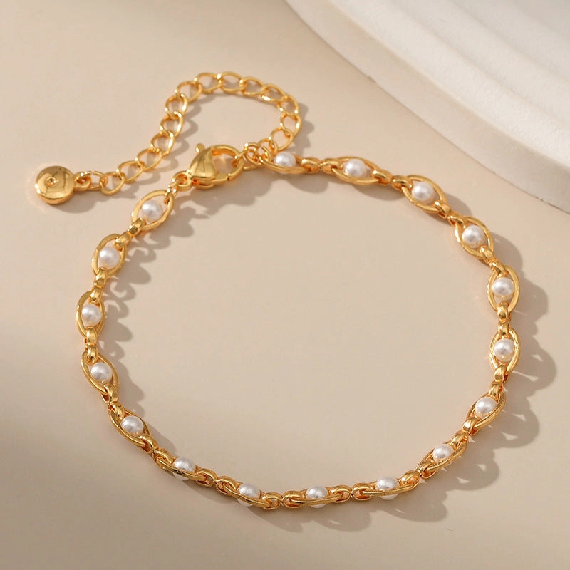 Wholesale Copper Plated 18K Real Gold Pearl Anklet