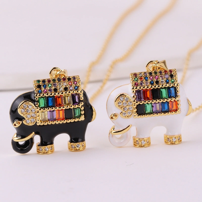 Wholesale Copper Plated Real Gold Mixed Color Zircon Drop Oil Elephant Pendant Necklaces
