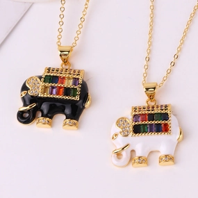 Wholesale Copper Plated Real Gold Mixed Color Zircon Drop Oil Elephant Pendant Necklaces