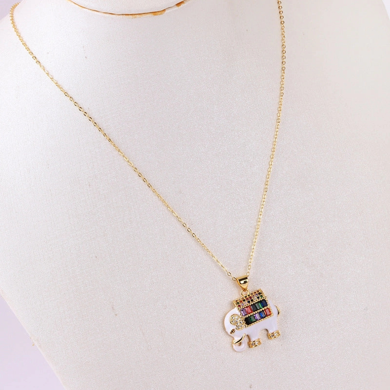 Wholesale Copper Plated Real Gold Mixed Color Zircon Drop Oil Elephant Pendant Necklaces
