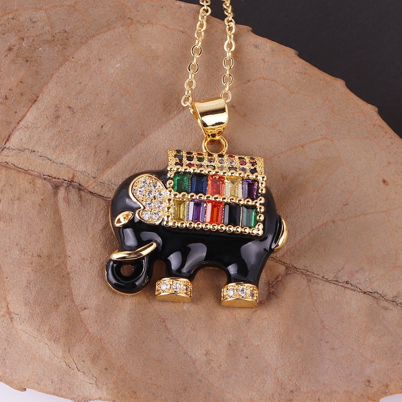 Wholesale Copper Plated Real Gold Mixed Color Zircon Drop Oil Elephant Pendant Necklaces