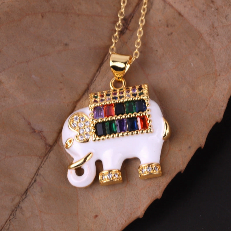 Wholesale Copper Plated Real Gold Mixed Color Zircon Drop Oil Elephant Pendant Necklaces