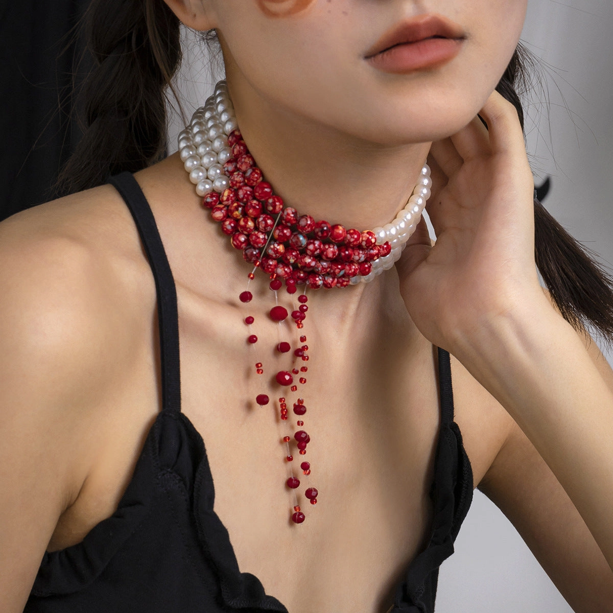 Wholesale Creative Halloween Blood Drop Tassel Imitation Pearl Acrylic Necklaces