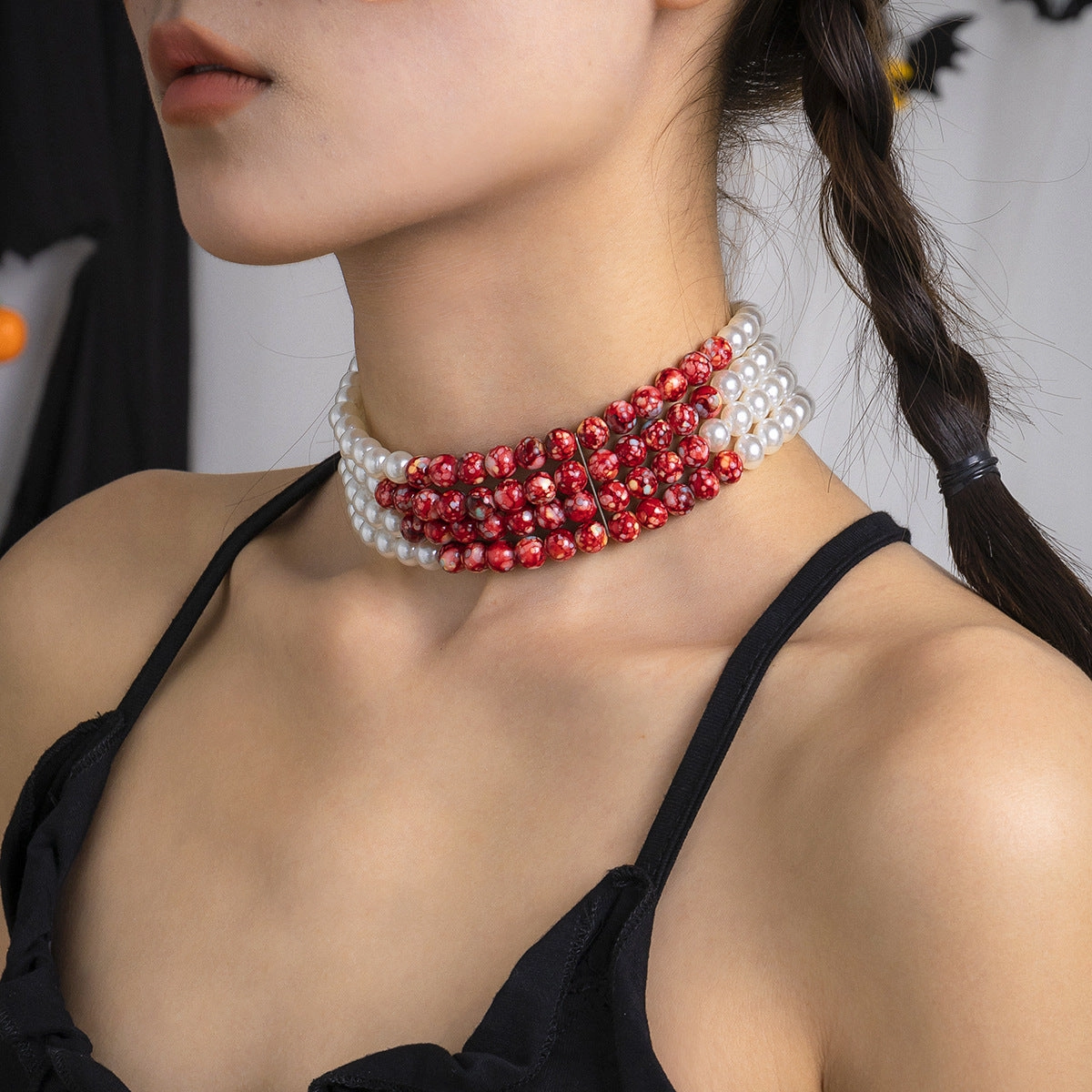 Wholesale Creative Halloween Blood Drop Tassel Imitation Pearl Acrylic Necklaces
