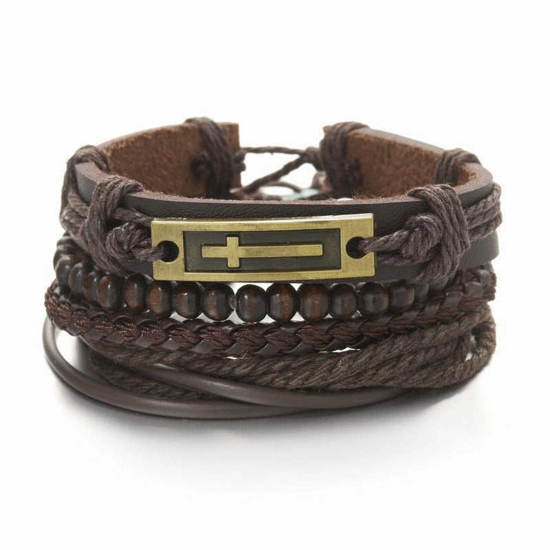 Wholesale Creative Wooden Beads Cross Feather Braided Leather Bracelet