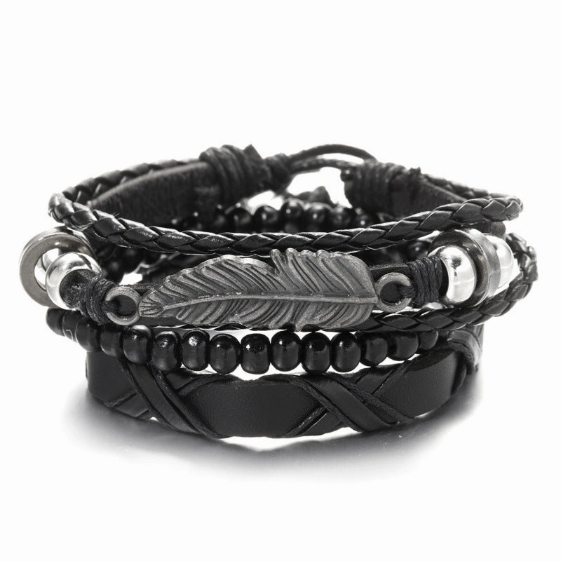 Wholesale Creative Wooden Beads Cross Feather Braided Leather Bracelet