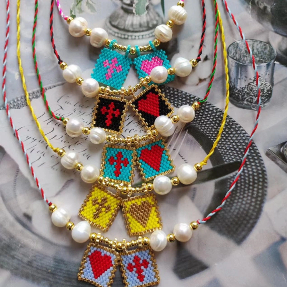 Wholesale Cross Beads Woven Square Hang Tag Necklaces