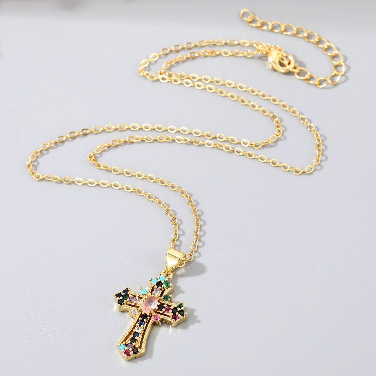 Wholesale Cross Hollow Color Zircon Alloy Necklaces