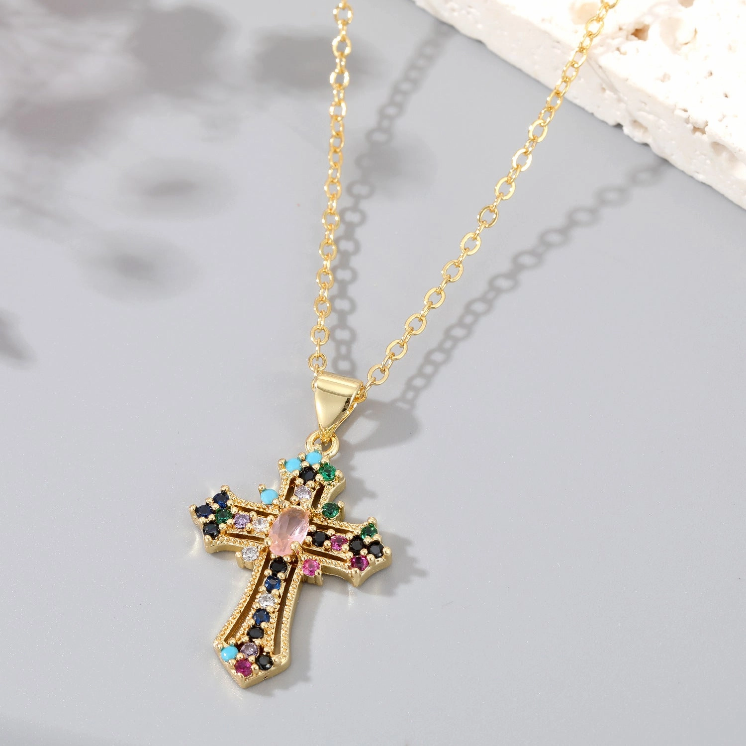 Wholesale Cross Hollow Color Zircon Alloy Necklaces