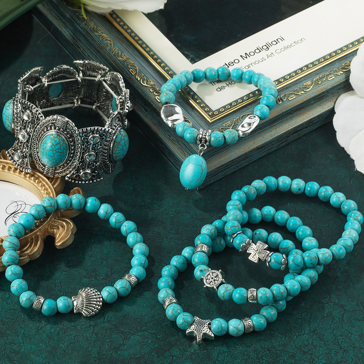 Wholesale Cross Natural Stone Vintage Green Pine Stone Bracelet
