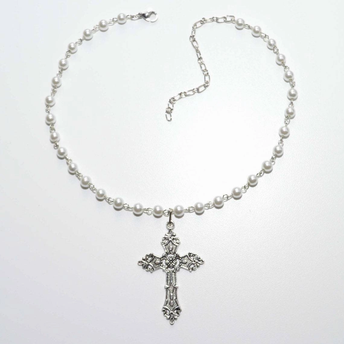 Wholesale Crosses Gothic White Pearl Pendants Alloy Necklaces