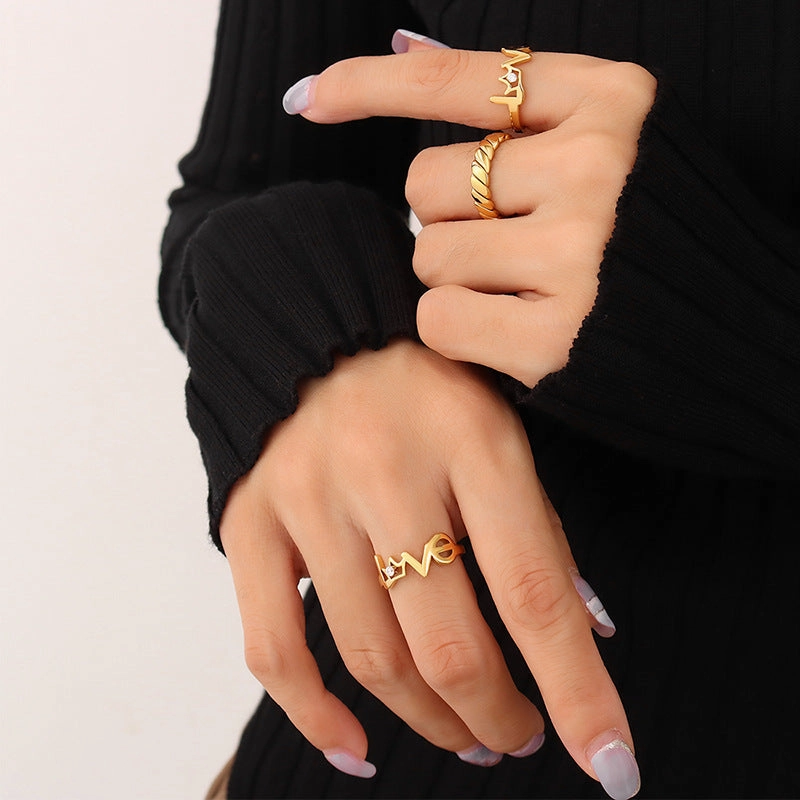Wholesale Crown LOVE Zircon Titanium Steel 18K Gold Plated Open Ring