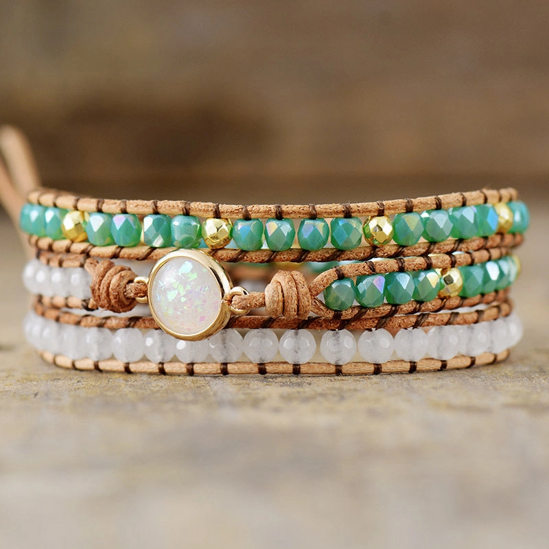 Wholesale Crystal 3 Layer Winding Braided Cowhide Rope Bracelet