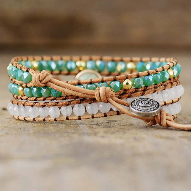 Wholesale Crystal 3 Layer Winding Braided Cowhide Rope Bracelet