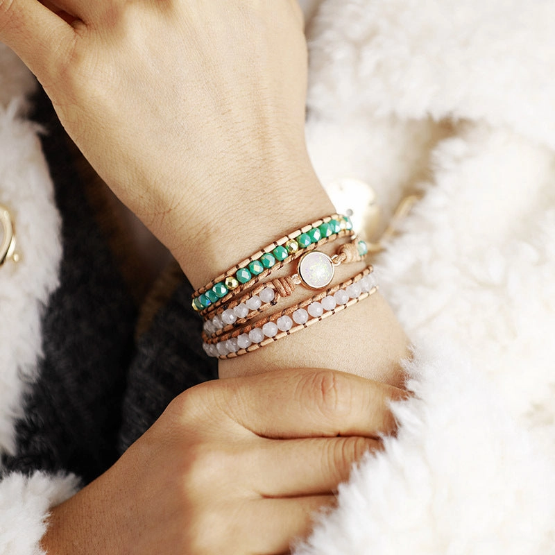 Wholesale Crystal 3 Layer Winding Braided Cowhide Rope Bracelet
